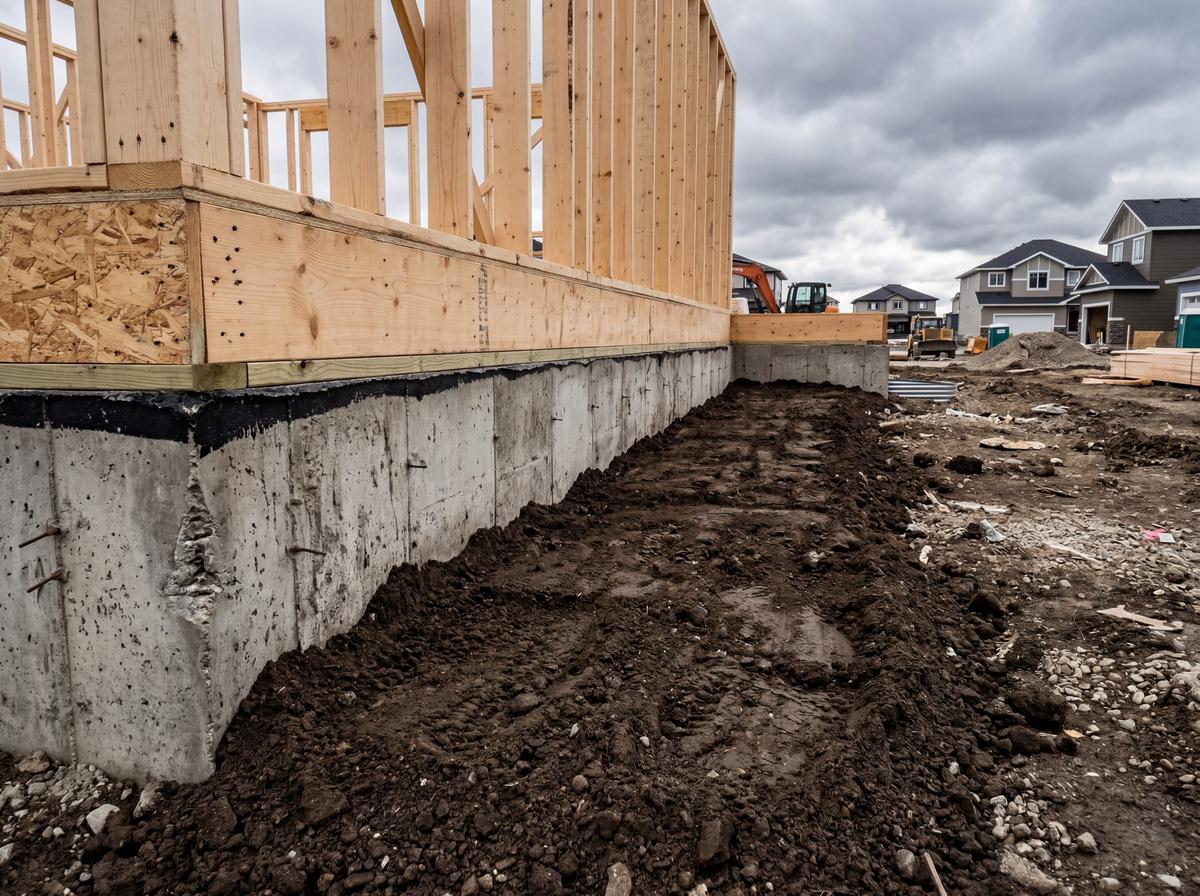 Drainage swale graded across a residential lot in Edmonton