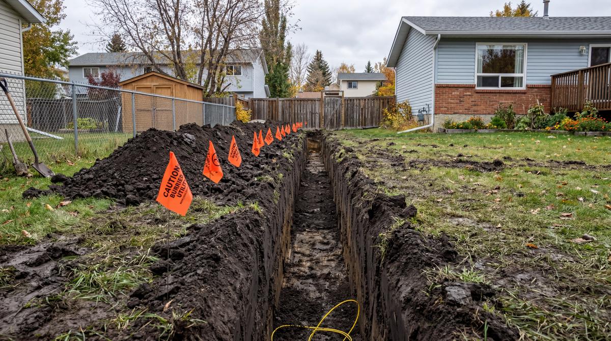Mini excavator digging a utility trench in Edmonton
