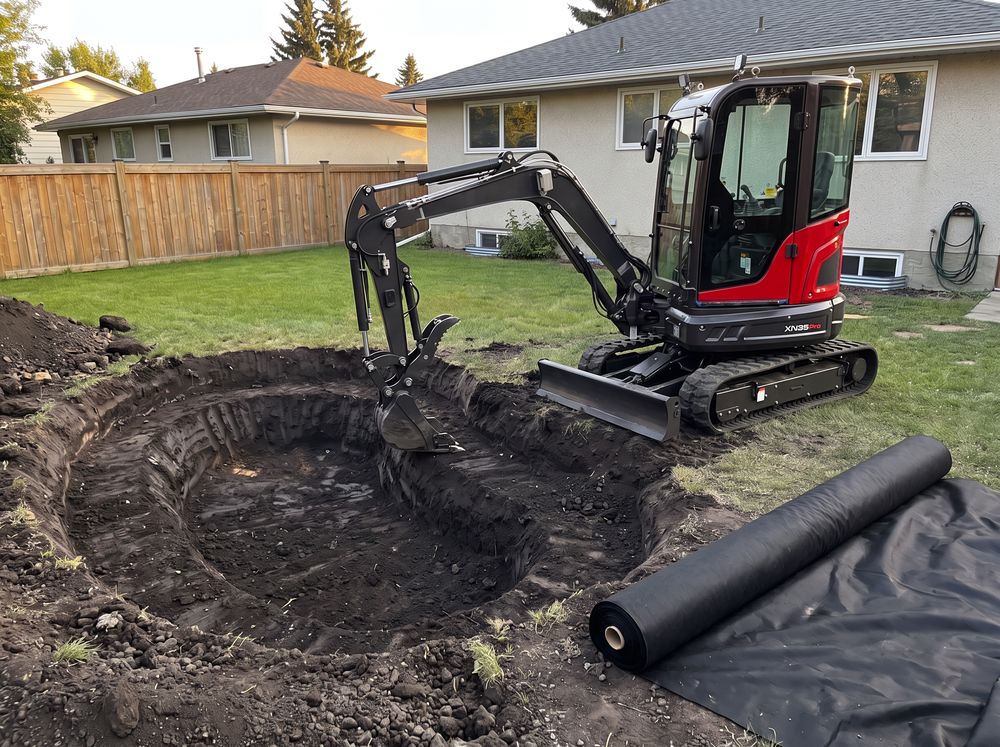 Terraced backyard pond excavation ready for liner with a roll of underlay beside it