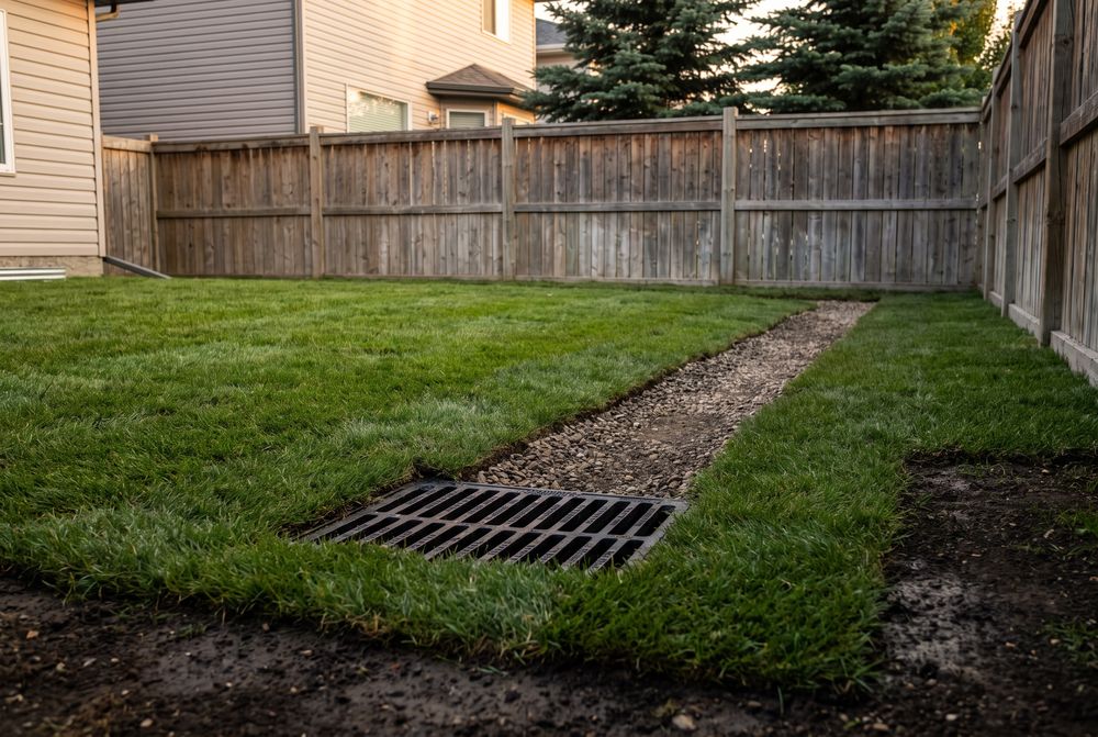 Black catch basin grate set flush at the low point of a freshly sodded lawn with a gravel-topped drain line