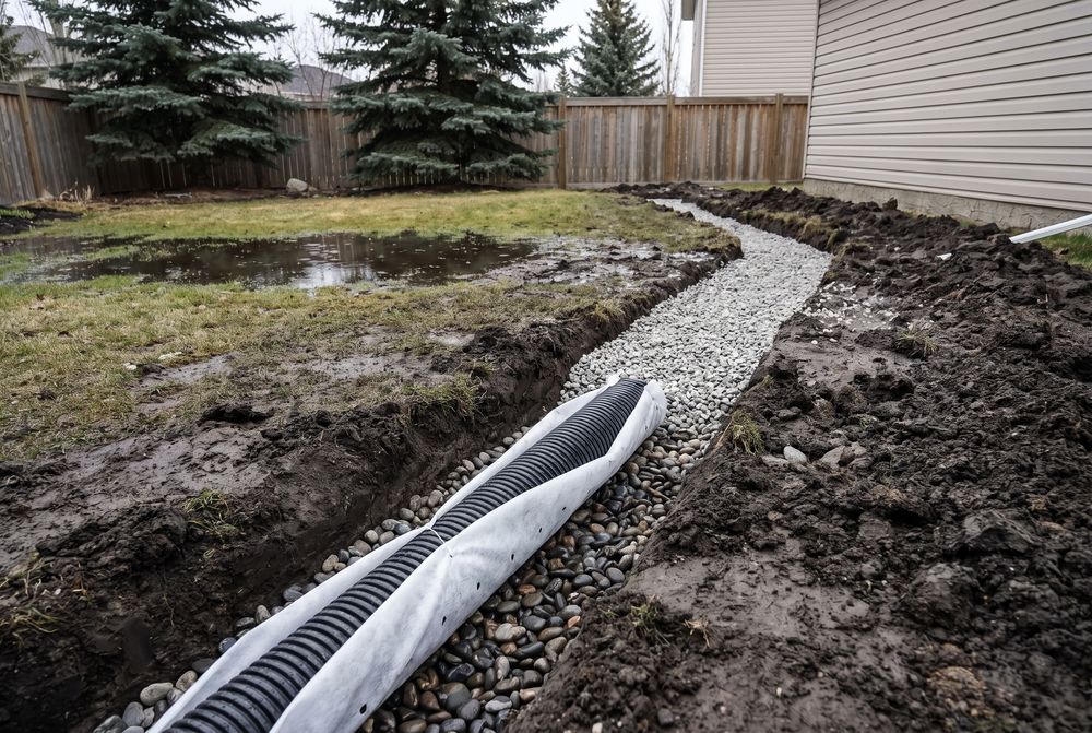 French drain trench with sock-wrapped pipe on washed rock across a waterlogged lawn