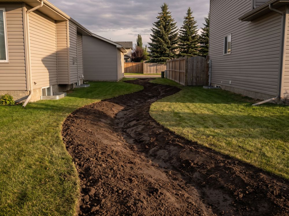 Freshly graded drainage swale curving across a side yard toward the back lane