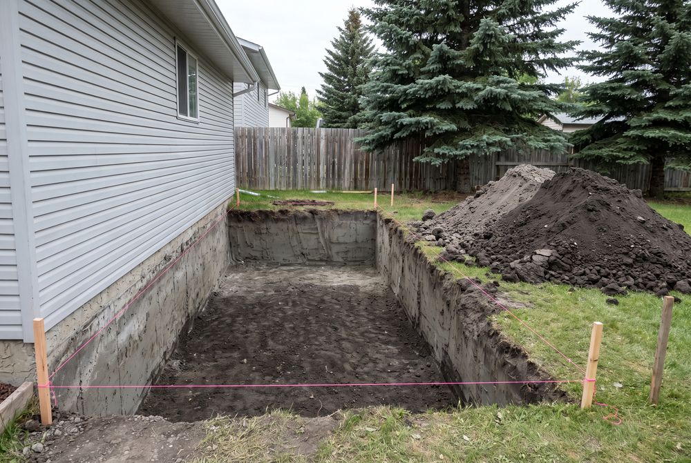Rectangular foundation excavation against a house with string lines and plumb clay walls