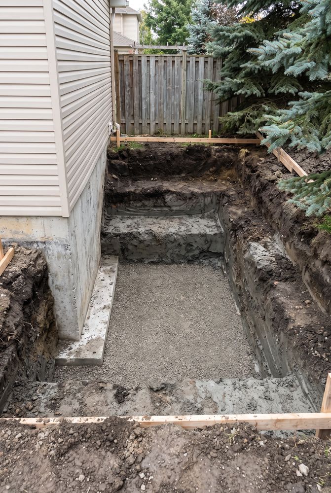 Stepped excavation exposing a concrete foundation wall for a basement walkout