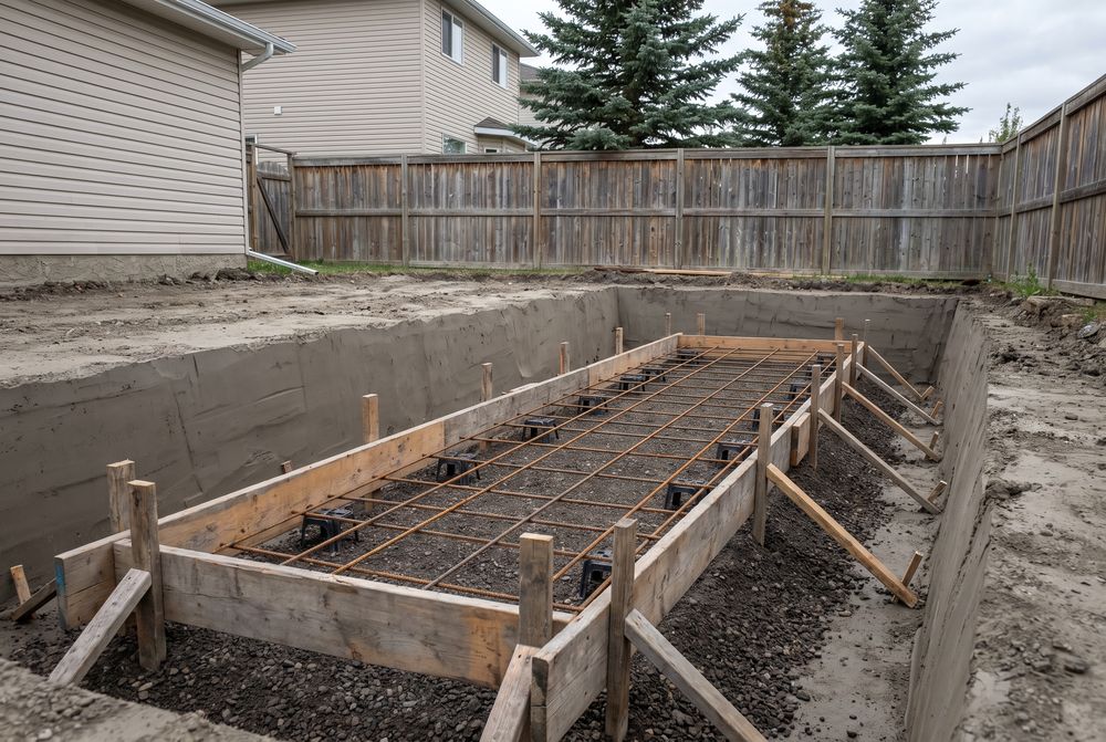 Wooden footing forms set level with rebar on chairs in a garage footing excavation, ready for the pour