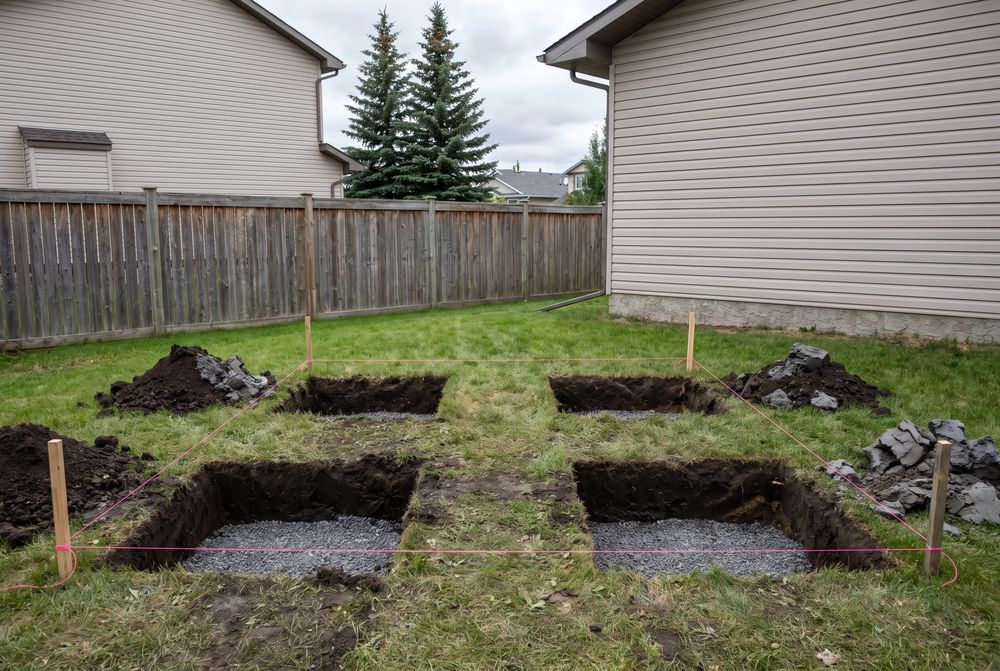 Four square footing pads excavated along string lines on a backyard lawn