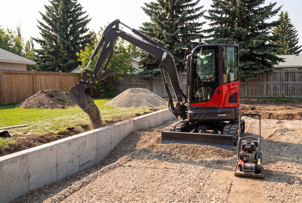 Mini excavator tipping granular fill against a new concrete foundation wall with a plate compactor nearby