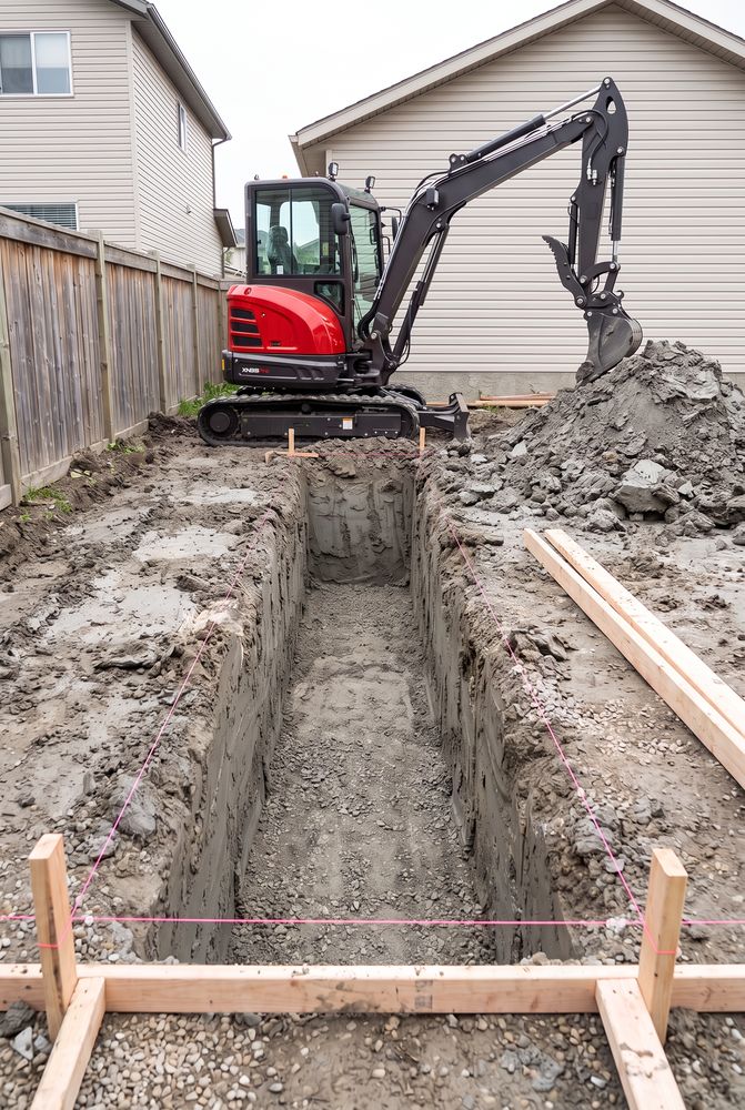 Rectangular footing excavation with string lines and a gravel base for a detached garage