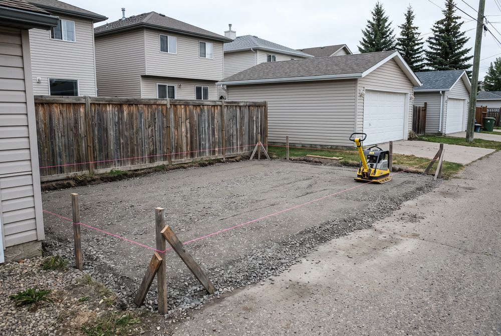 Levelled and compacted gravel garage pad with string lines off a residential back lane