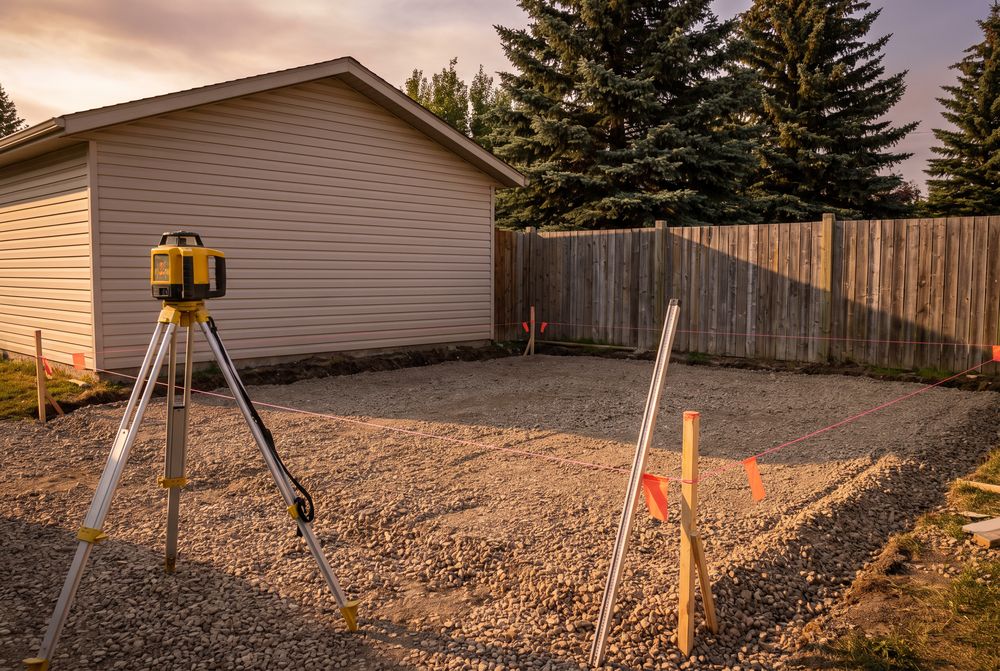 Rotary laser level on a tripod beside a freshly graded and compacted gravel pad with string lines