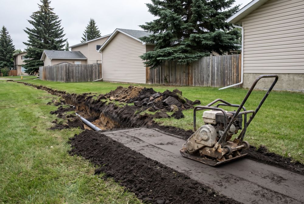 Utility trench being backfilled in layers with a plate compactor on the finished section