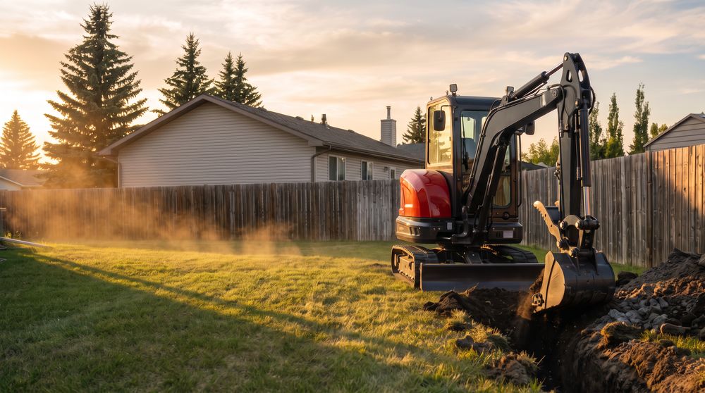 Compact excavator opening a utility trench across a residential backyard at golden hour
