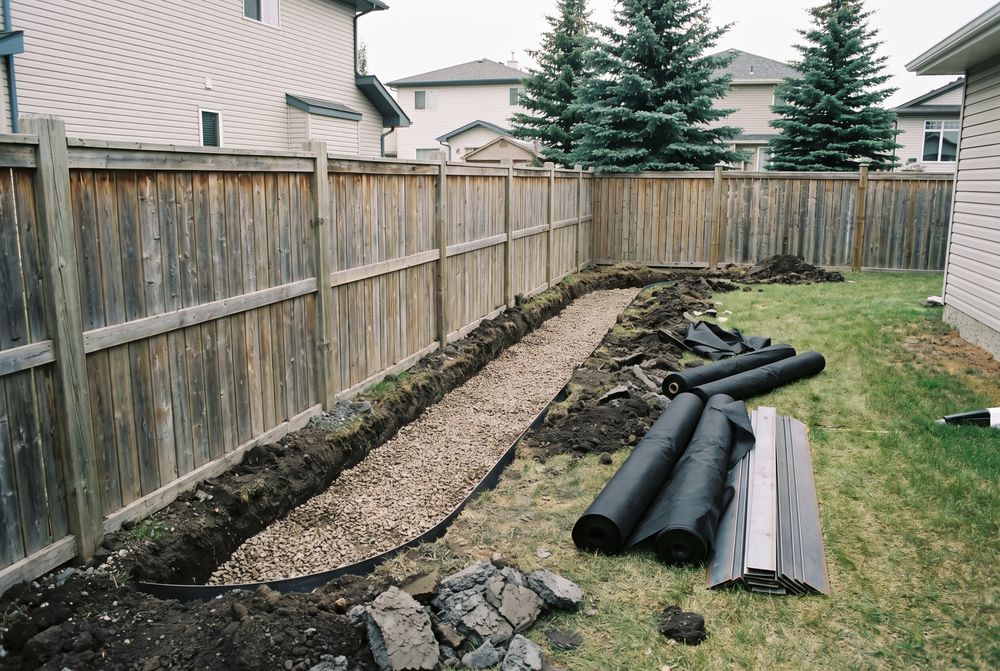 Curved planting bed excavated along a fence with a gravel base being placed
