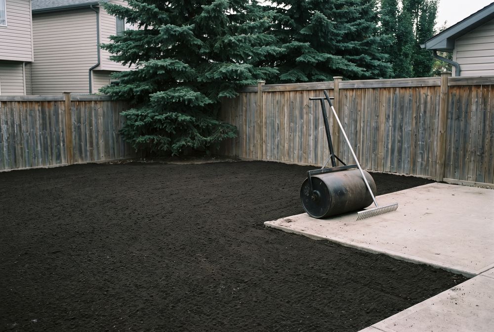 Backyard spread with dark screened topsoil, raked level and ready for sod, with a lawn roller and rake at the edge