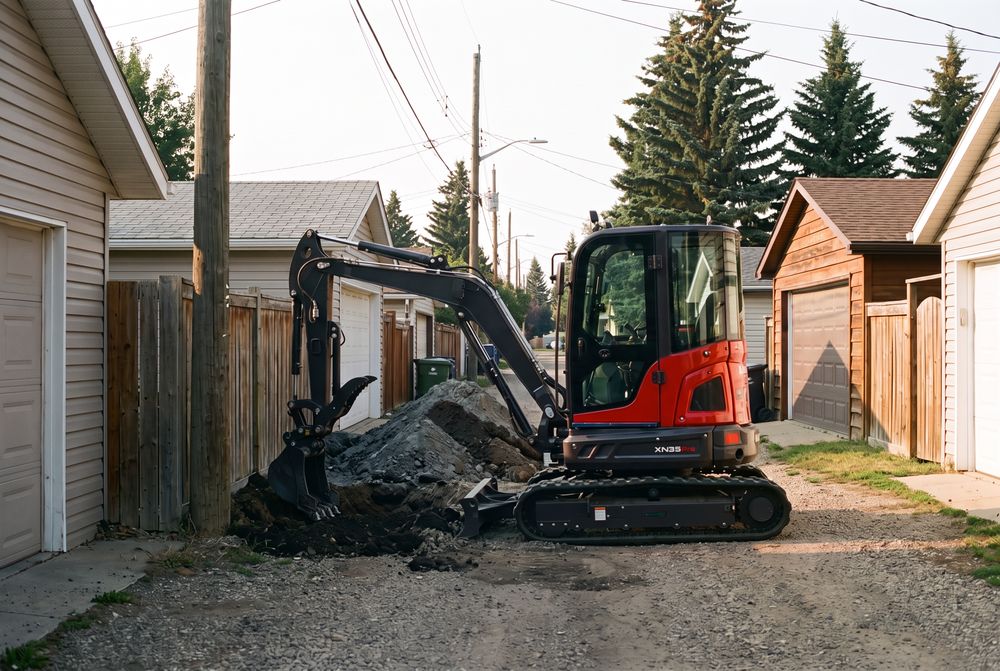 Excavator working beside a garage wall in a narrow gravel back lane