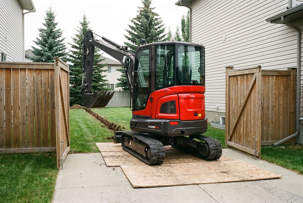 Compact excavator reversing out of a backyard through a side gate onto a driveway on plywood mats, lawn intact behind