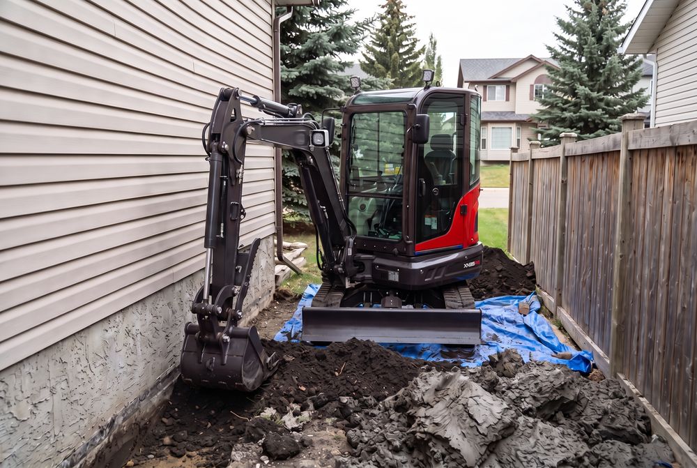 Excavator digging a narrow strip between a stucco wall and a wooden fence with spoil on a tarp