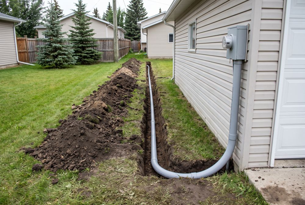 Narrow trench with grey electrical conduit running from a house to a detached garage