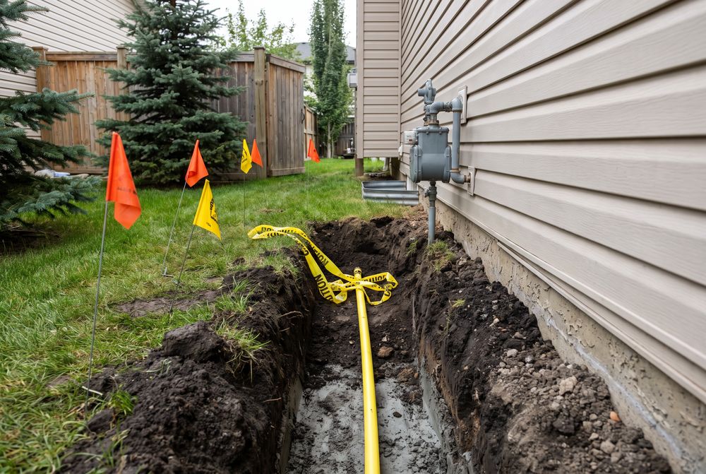 Trench along a house with yellow gas pipe, caution tape and utility locate flags