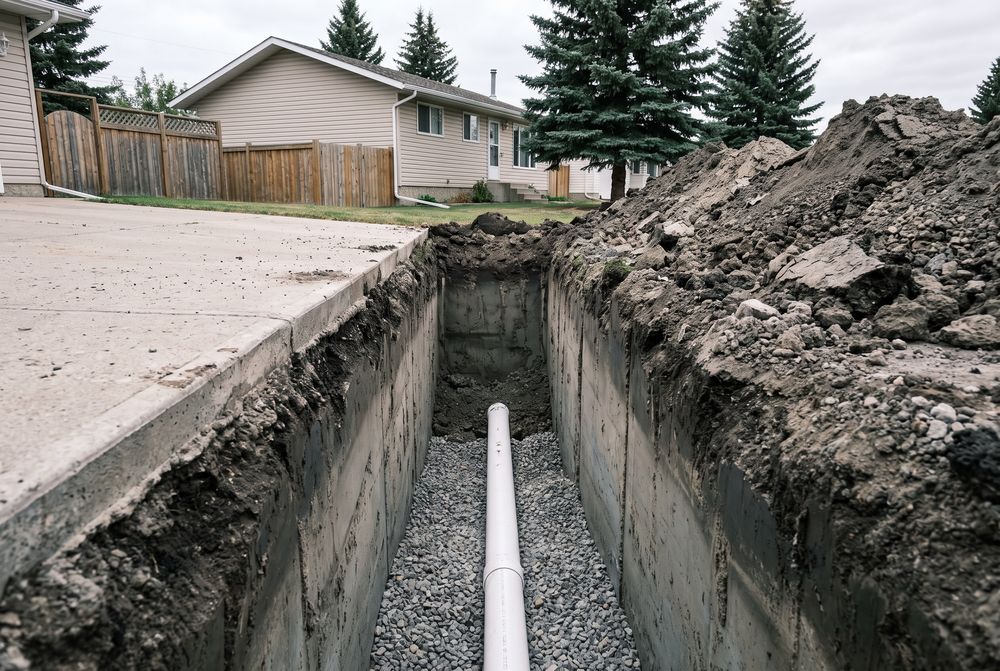 Deep sewer service trench with white PVC pipe on gravel bedding beside a driveway