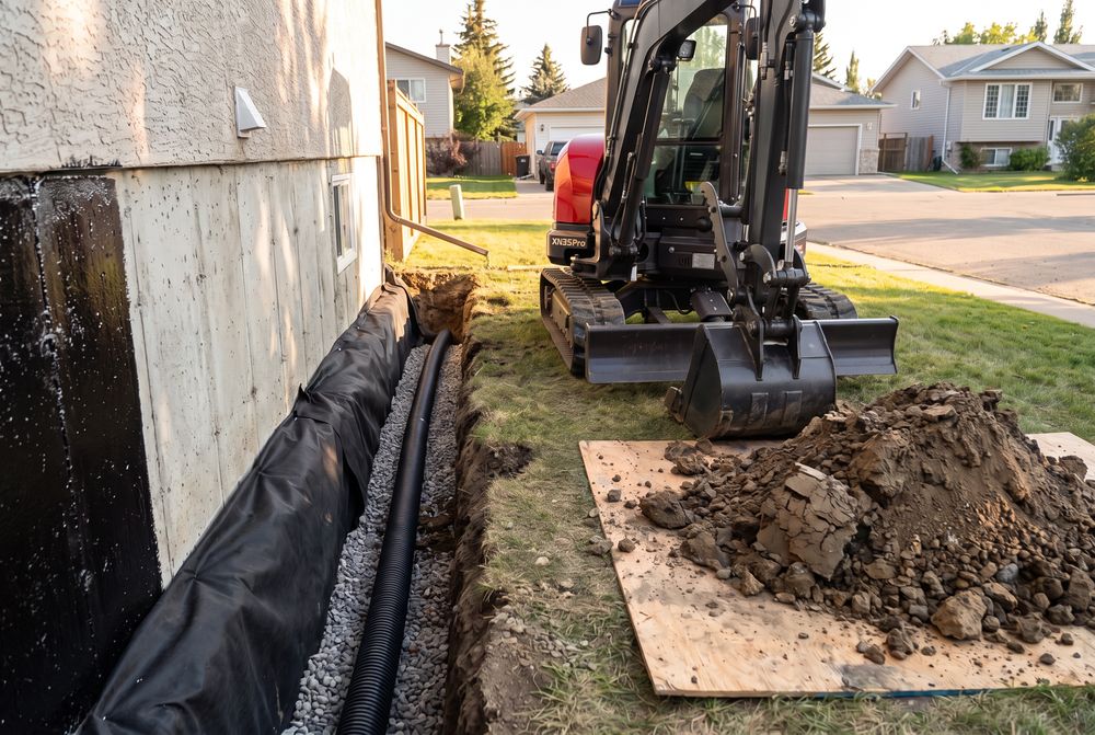 Weeping tile pipe and washed gravel in a trench along a damp-proofed foundation wall